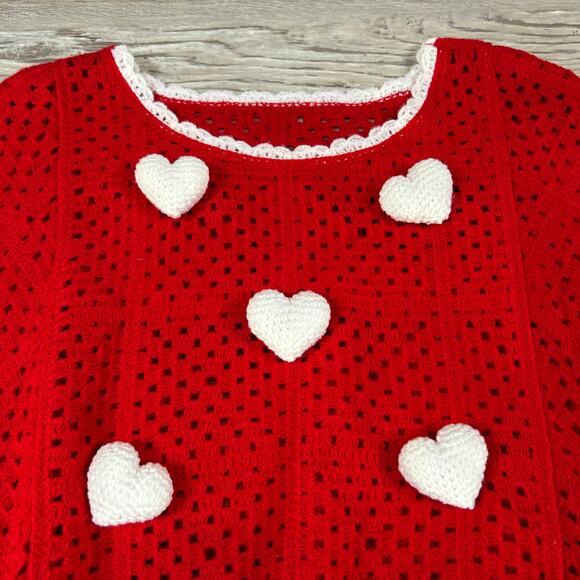 Handmade Crochet Sweater Red White Heart Fringe Festival Top Valentine Boho - Picture 2 of 7